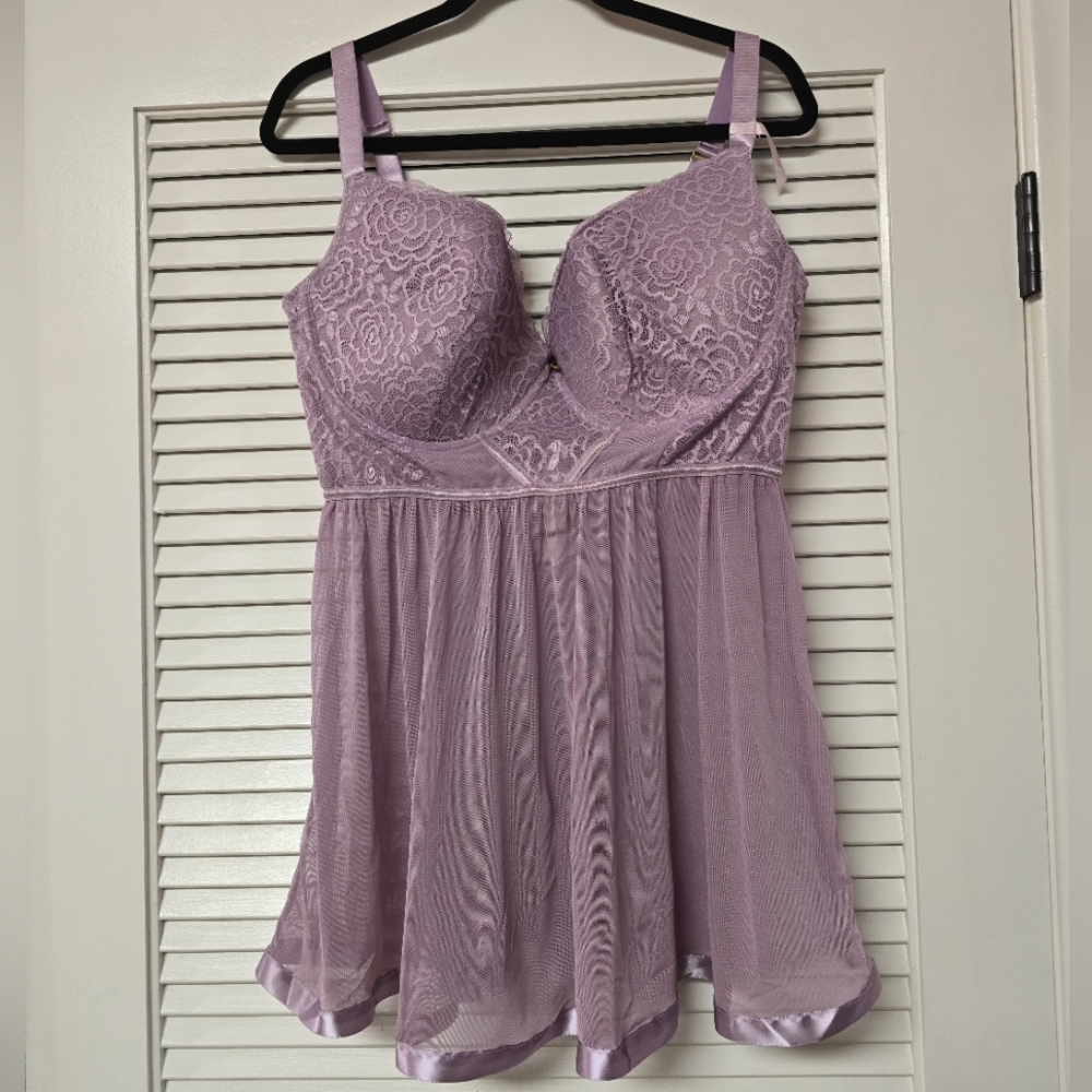 Daisy Fuentes - (Plus-Size) Lavender Sexy Babydoll Lace Lingerie W Push-Up Bra
